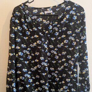 ANGVNS Floral Split Neck Long Sleeve Top Size XL Black Womens Blouse